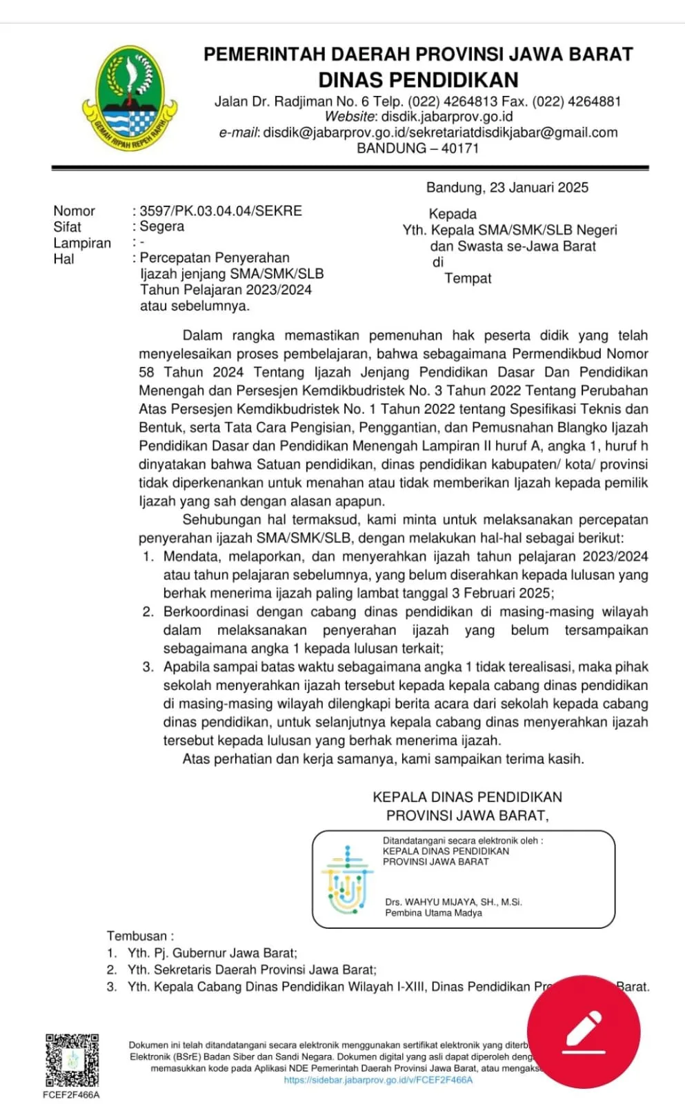 Dinas Pendidikan Jawa Barat Instruksikan Percepatan Penyerahan Ijazah yang Masih Tertahan