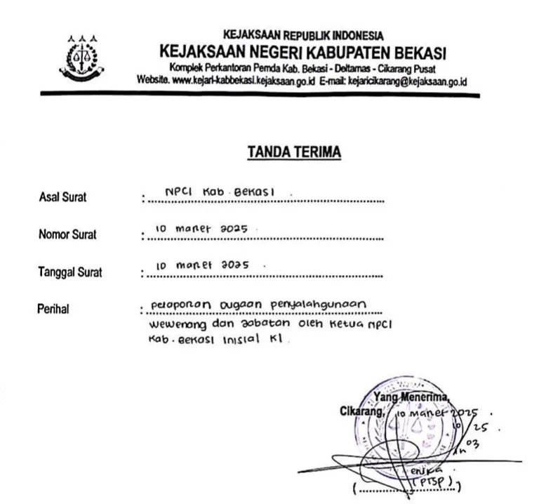 Sekretaris NPCI Kabupaten Bekasi Laporkan Ketua NPCI Kabupaten Bekasi ke Kejari atas Dugaan Penyelewengan Anggaran Hibah 2024