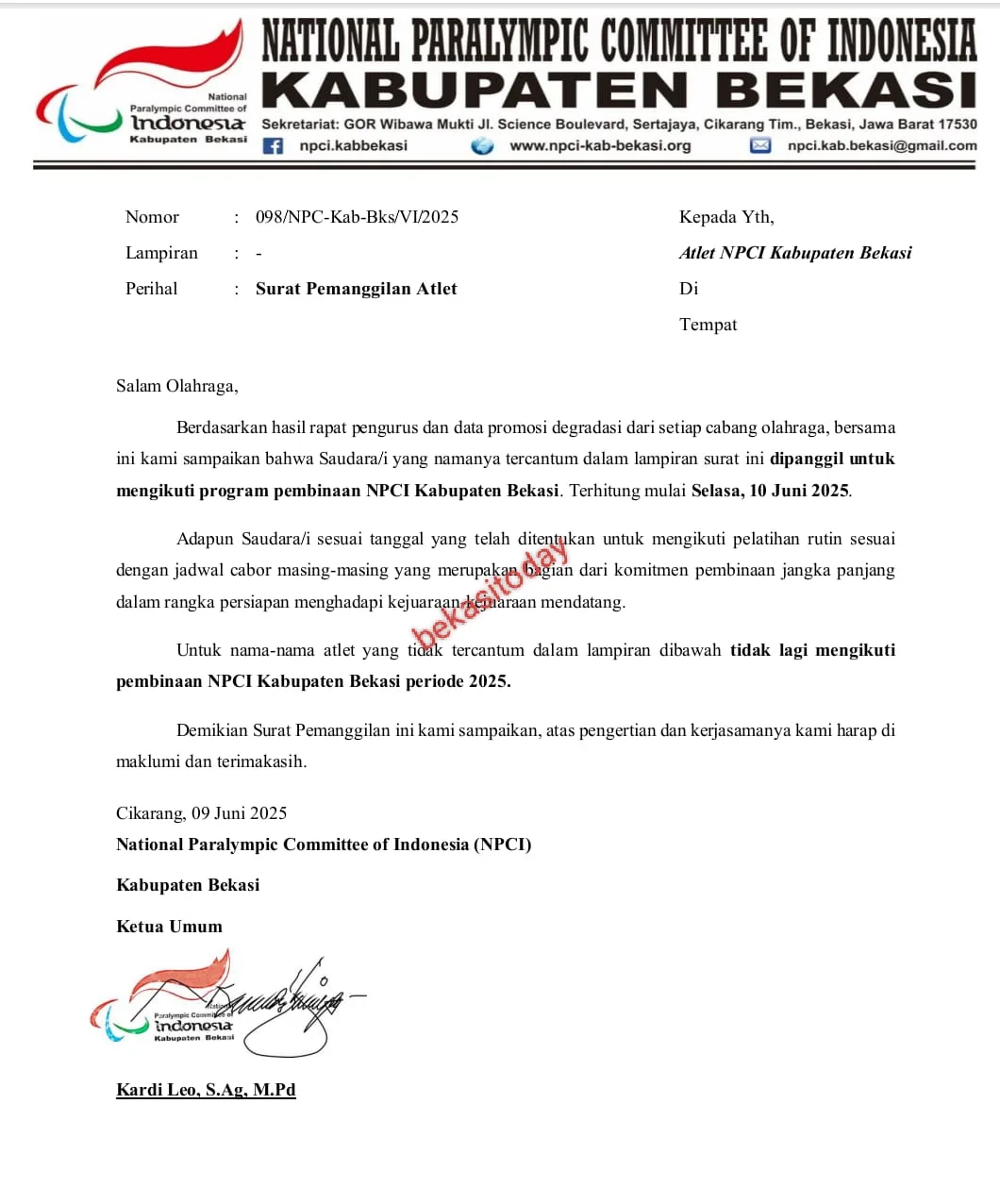 Puluhan Atlet NPCI Kabupaten Bekasi Gagal Ikut Program Pembinaan, Diduga Imbas dari Aksi Kritisi Dugaan Penyalahgunaan Anggaran Hibah